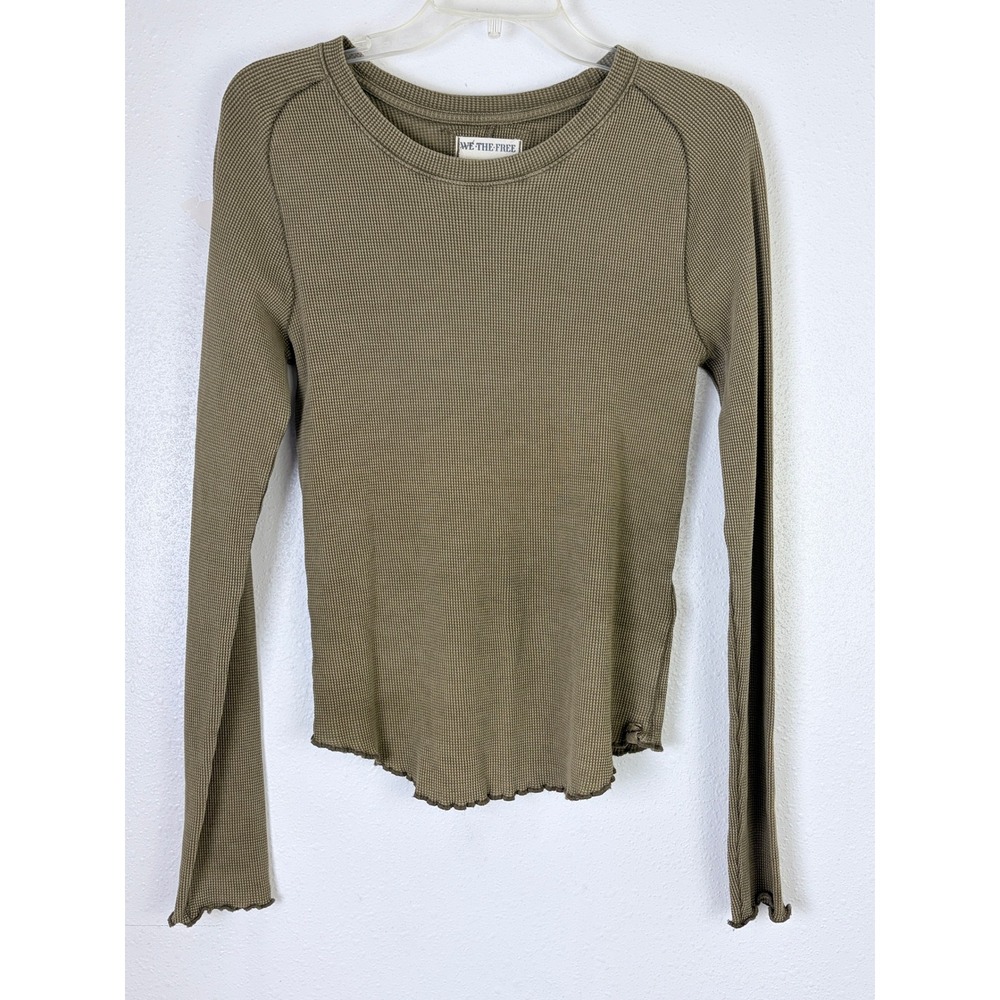 We The Free Thermal Top Olive Green Waffle Knit Lettuce Edge Large